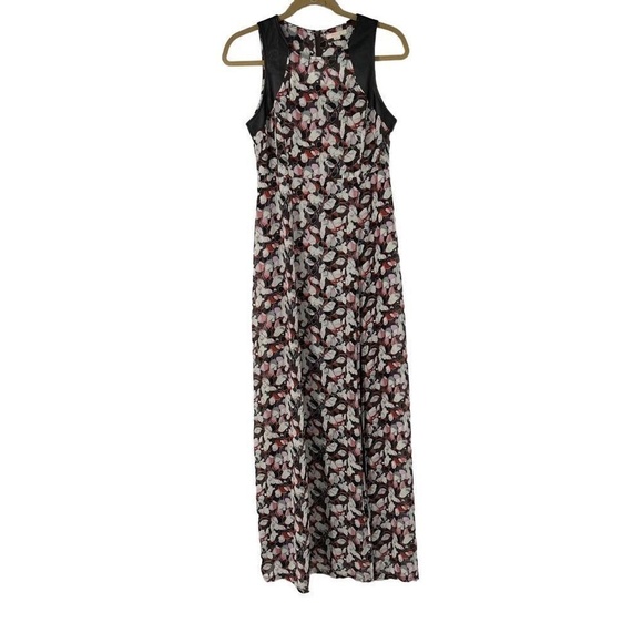 Tulle Red Floral Black Faux Leather Trim Sleeveless Maxi Dress - Picture 1 of 11